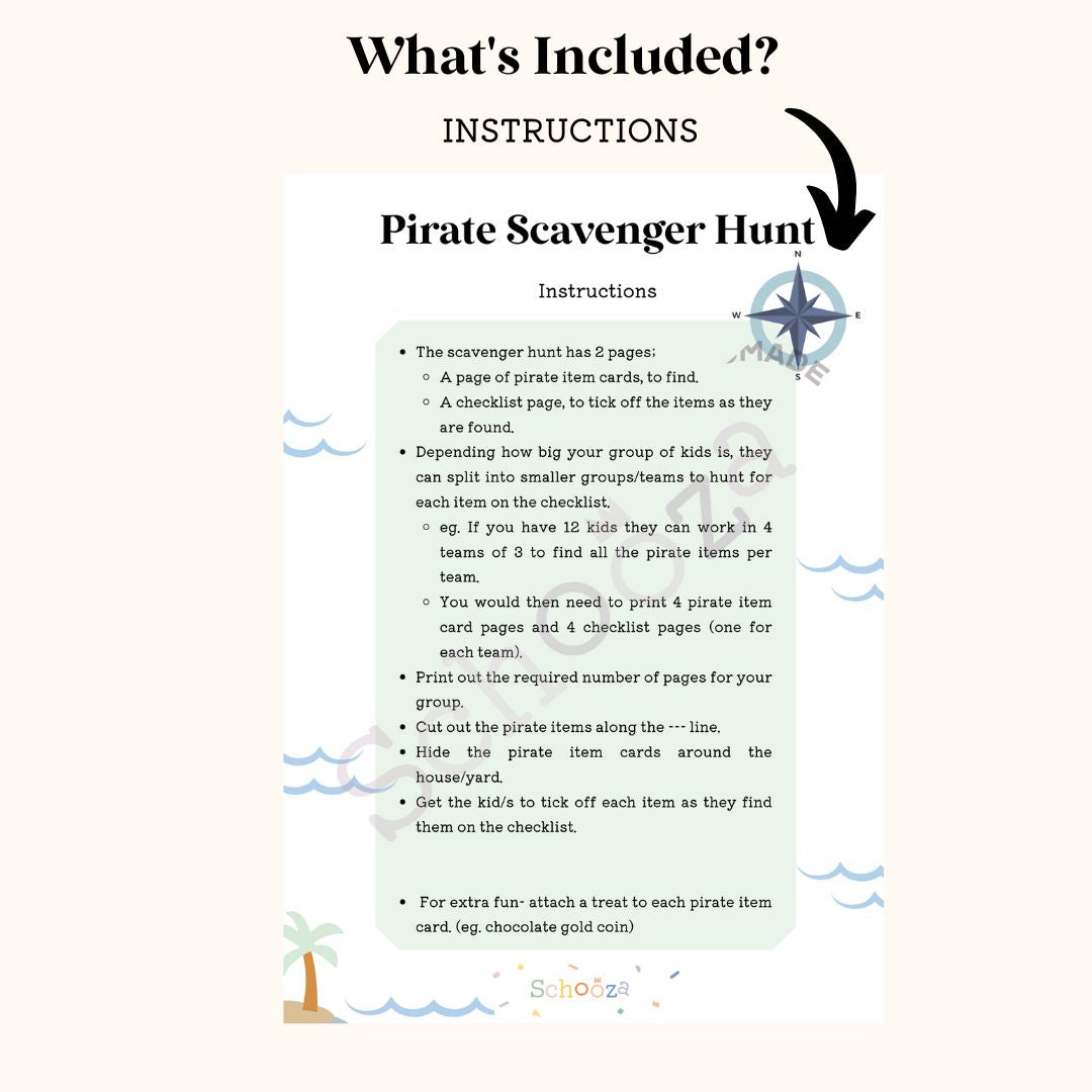Pirate party scavenger hunt game printable