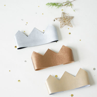 Family Christmas crowns shown in silver, bronze and gold fabric 