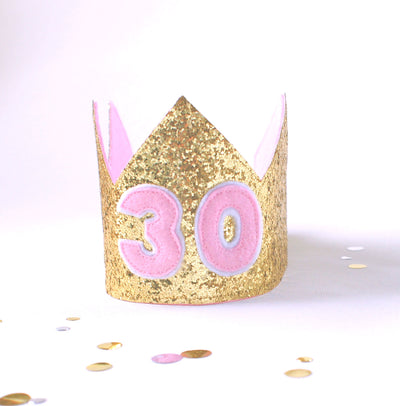30th birthday crown in gold glitter and light pink felt