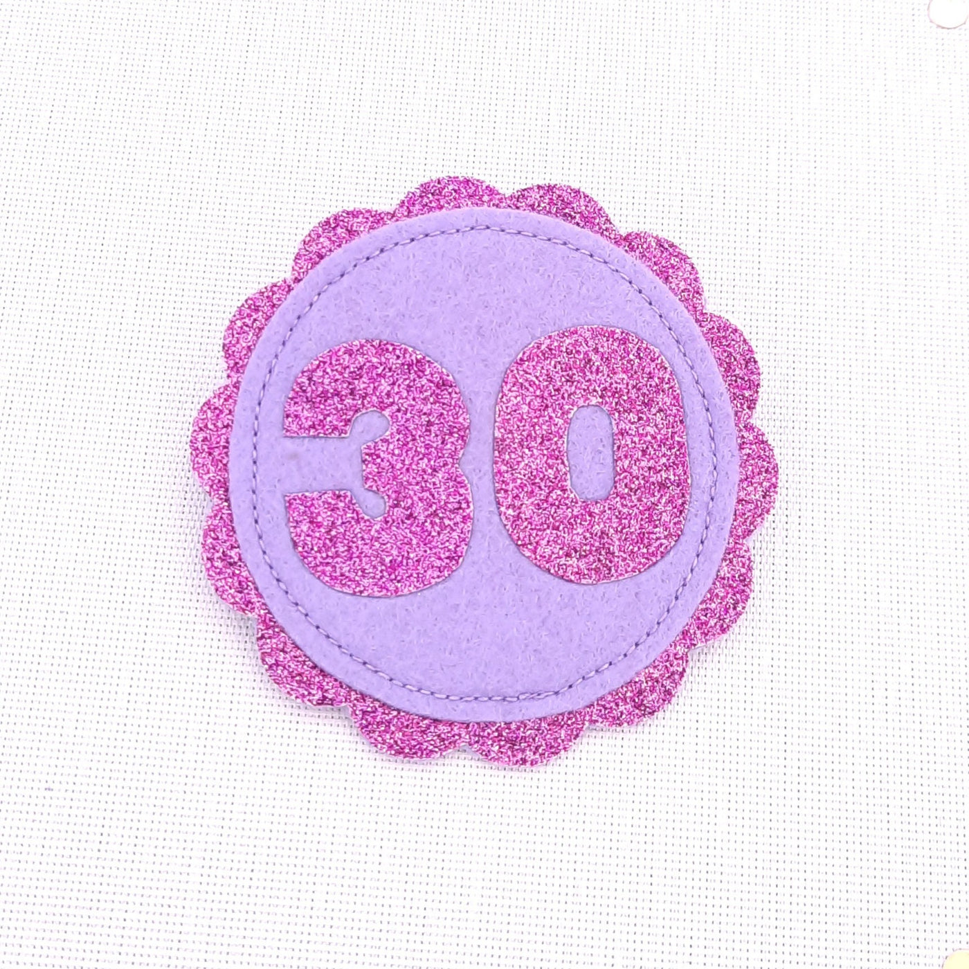 30th birthday badge in purple glitter and lilac felt