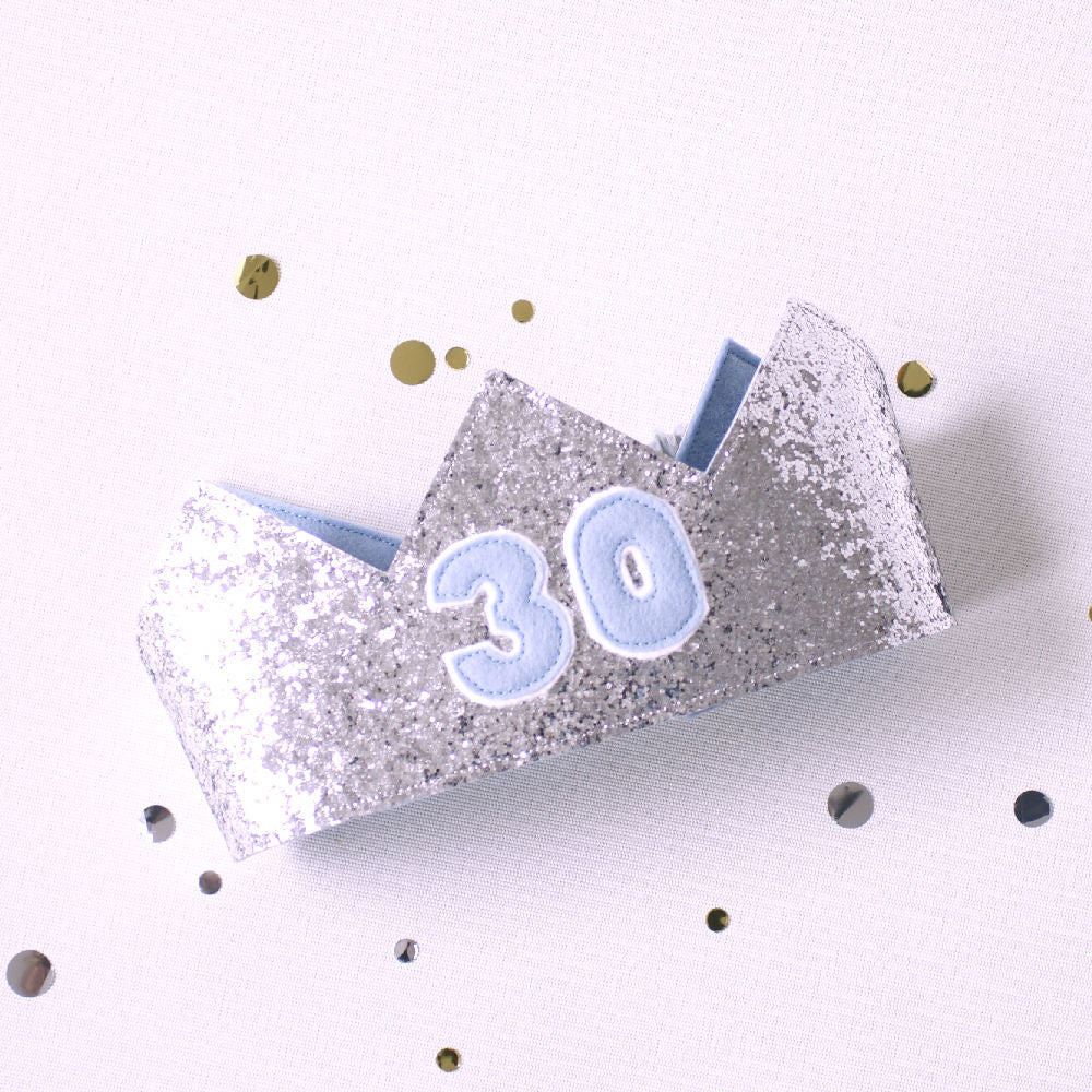 30th birthday crown in silver glitter and pale blue felt