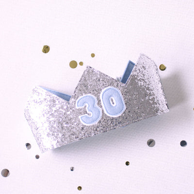 adult birthday crown in silver glitter with a pale blue felt 30 on the front