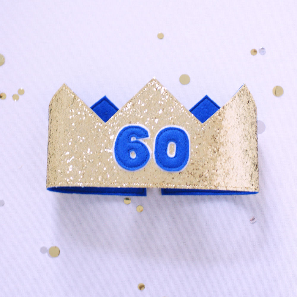60th birthday crown in gold glitter fabric and royal blue felt 60 on on the front 