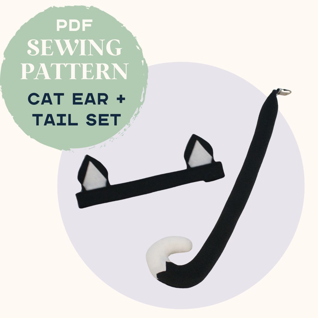 Kids Cat ear and tail costume accessory sewing pattern set on a white background with a green circle indicating PDF format.