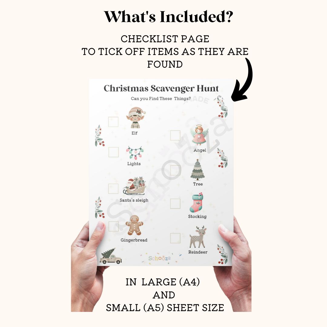 What's Included? Checklist page to tick off items as they are found in the Christmas scavenger hunt 