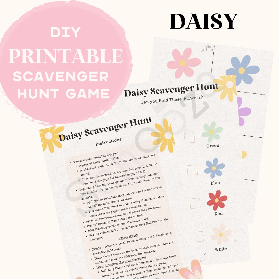 Daisy themed birthday game printable scavenger hunt, graphic includes instructions, clue cards and checklist