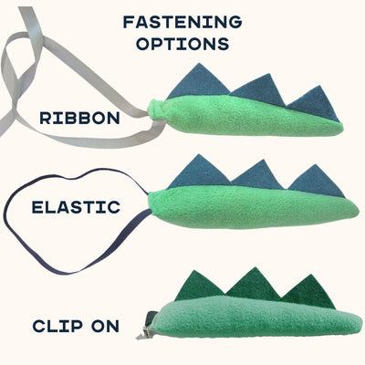 Easy dinosaur tail DIY sewing pattern, clip on, elastic waist or ribbon tie fastening options