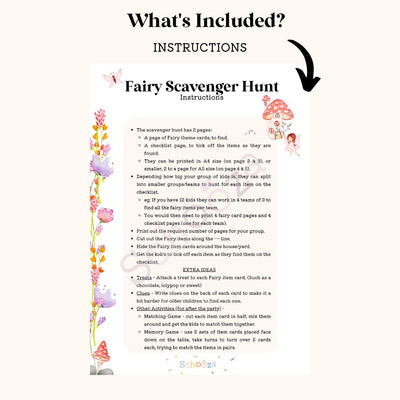 Instruction sheet for fairy themed printable party game scavenger hunt 
