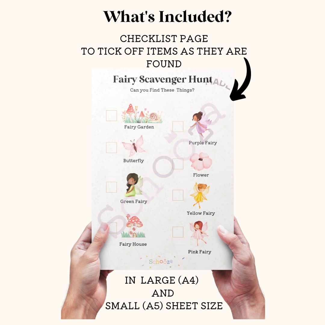 Checklist page for fairy treasure hunt party game DIY download