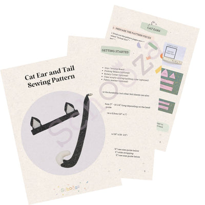 Kids cat ear and tail costume accessory sewing pattern with instructions on a white background