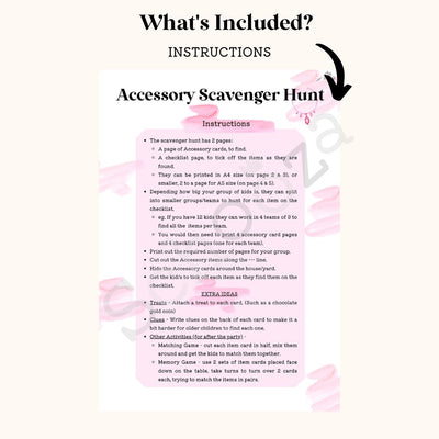 INstuction sheet for accessory scavenger hunt printable party game