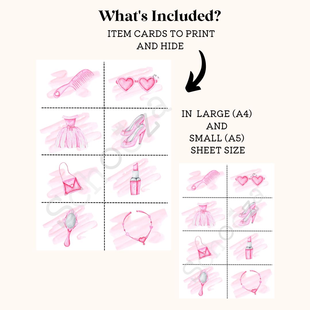 Whats Included? Item cards to print and hide in 2 sizes, A4 and A5. Picture of accessory item cards included in the doll accessory scavenger hunt