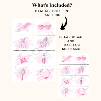 Whats Included? Item cards to print and hide in 2 sizes, A4 and A5. Picture of accessory item cards included in the doll accessory scavenger hunt