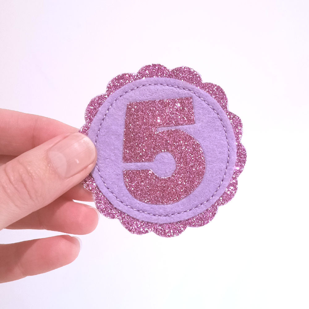 5th birthday badge in purple glitter and lilac felt