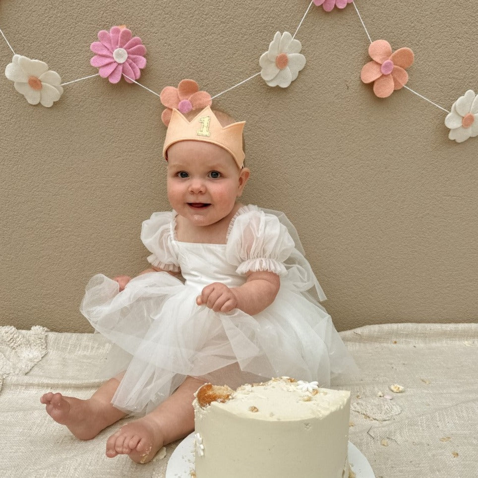 peach felt birthday crown for a cake smash photoshoot