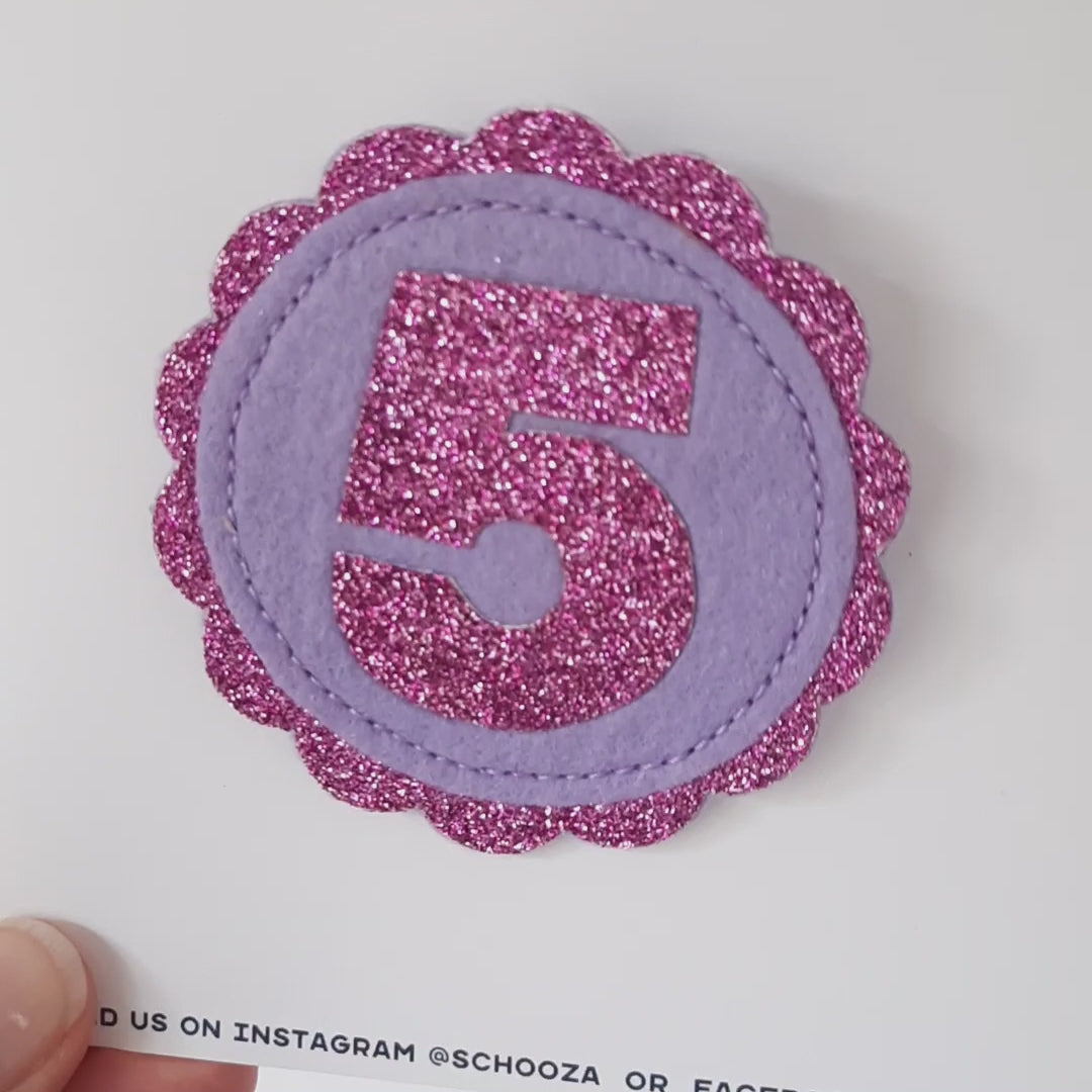 5th birthday badge purple glitter and lilac felt badge