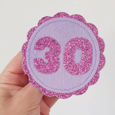 sparkly purple glitter 30th birthday badge with lilac felt