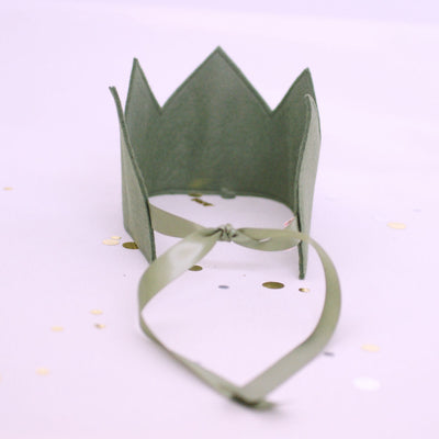 reusable birthday crown in olive green felt with ribbon tie at the back