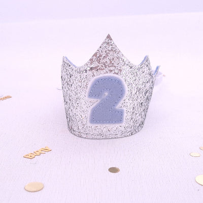 birthday crown for a second birthday  girl in silver gltter and pale blue felt 2 on the front