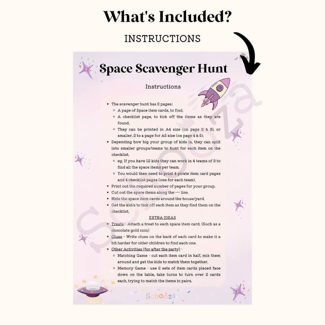 Space Scavenger Hunt Printable Party Gameinstruction sheet 