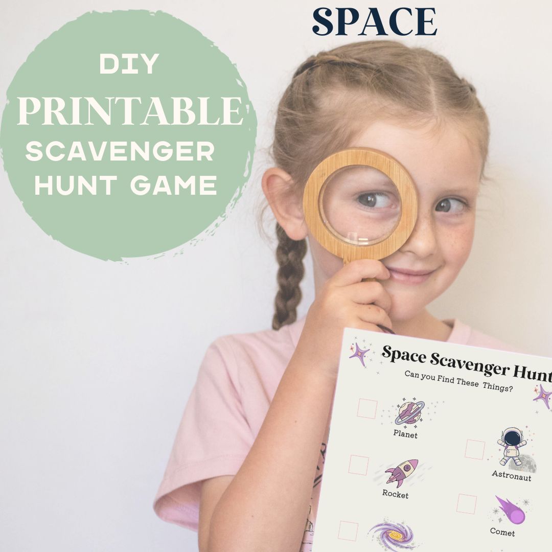 DIY Printable Space Scavenger Hunt game - Girl with a magnifying glass looking for clues