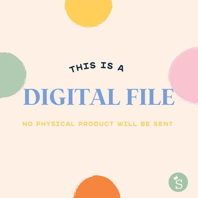 Text: This is a digital file - no physical product will be sent. On a cream background and green yellow, pink and orange large spots.