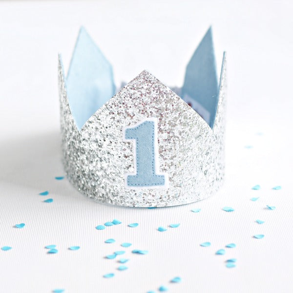 boy first birthday crown in silver glitter and pale blue