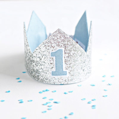 boy first birthday crown in silver glitter and pale blue
