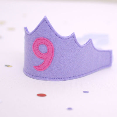 tiara birthday crown in lilac felt with pink number 9 on the front