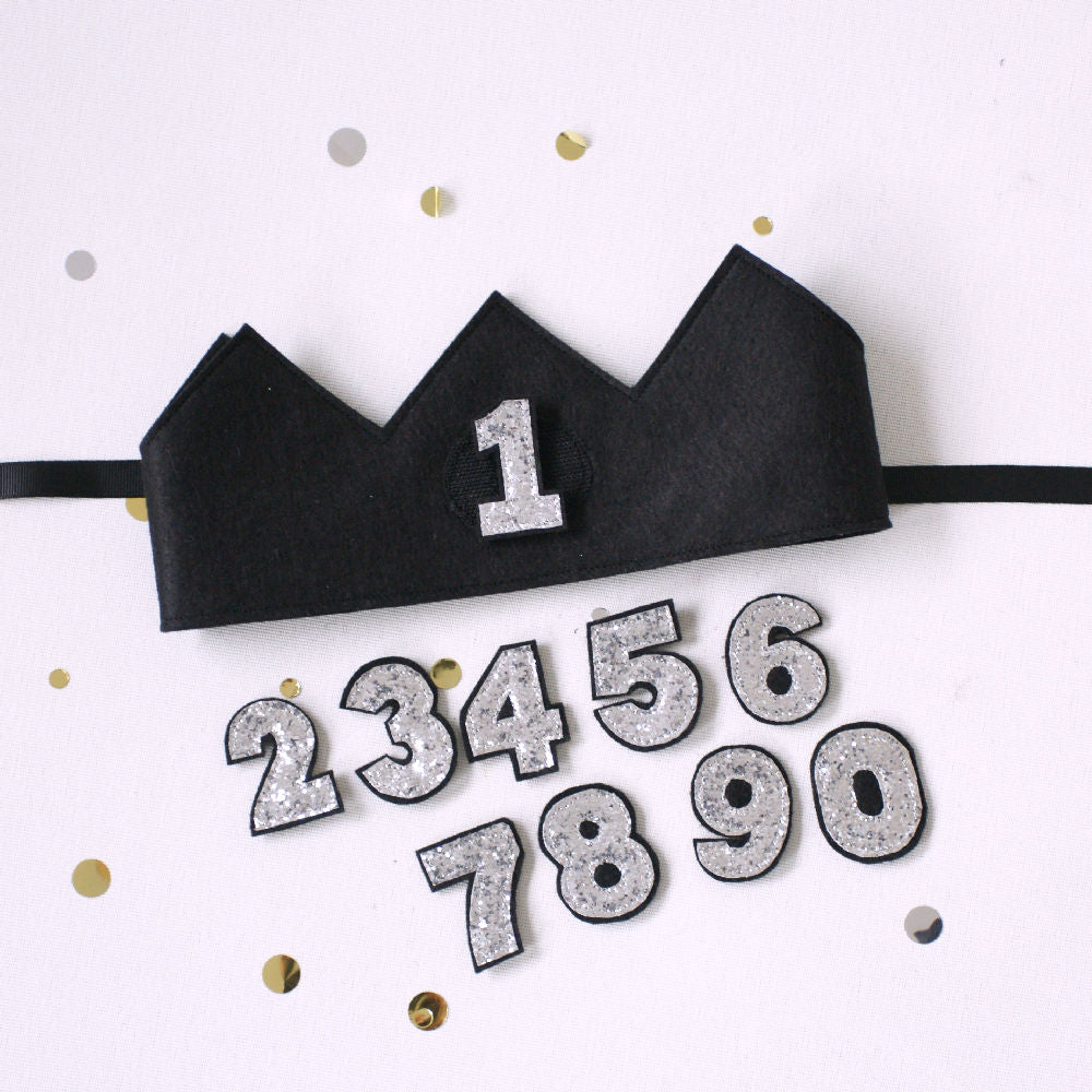 reusable birthday crown with changeable numbers in black felt